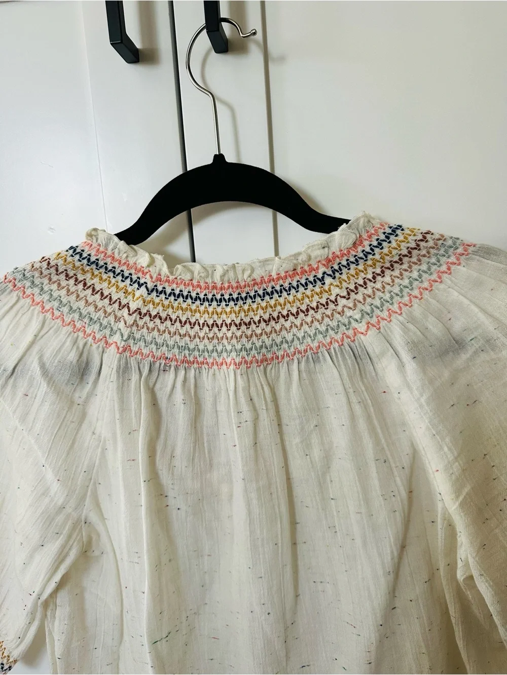 NWT Madewell White Speckled Peasant Blouse with Multicolor Embroidered Trim